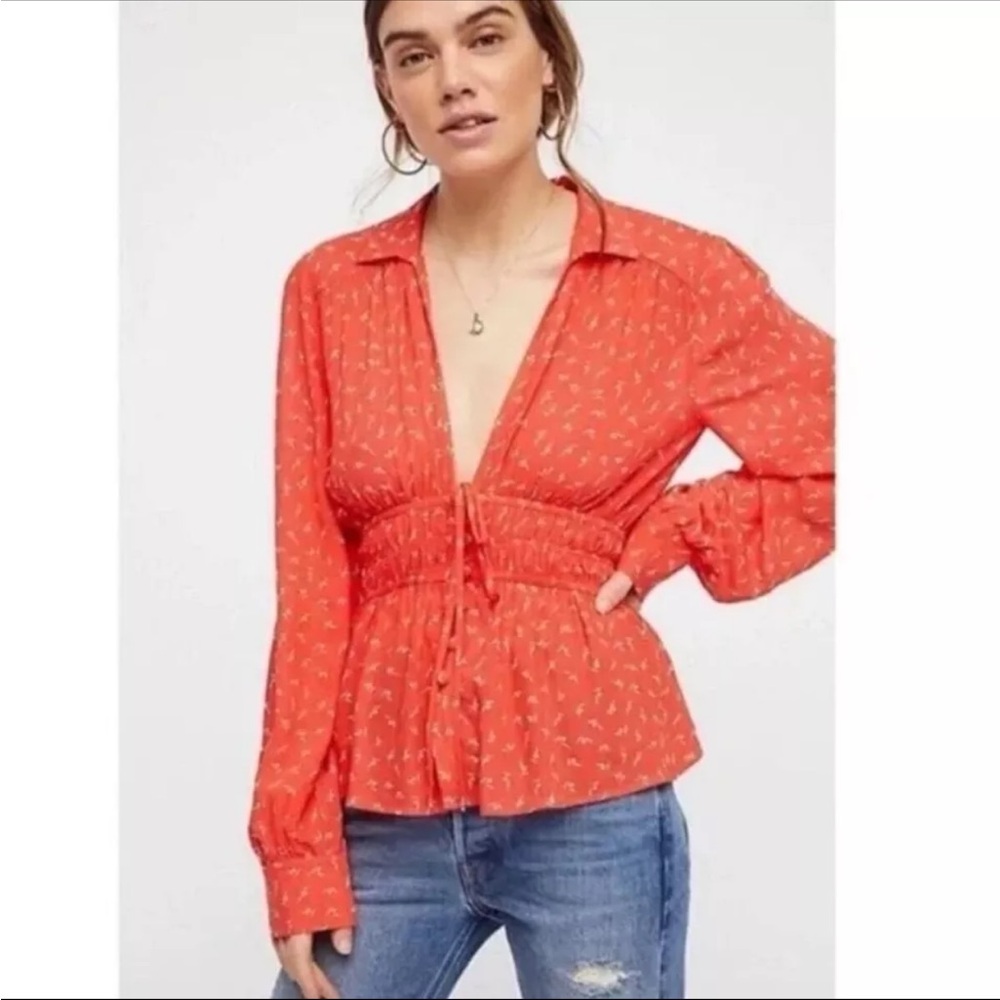Free People Red Long Sleeve Boho Romantic Colette Printed Button Down Top M